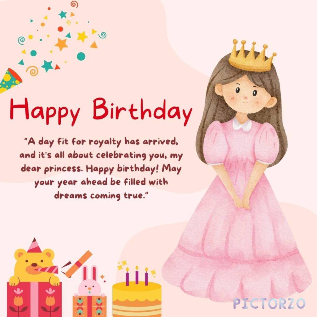 Image of a birthday card with text that reads "Happy Birthday Princess. A day fit for royalty has arrived, and it's all about celebrating you, my dear princess. Happy birthday! May your year ahead be filled with dreams coming true.