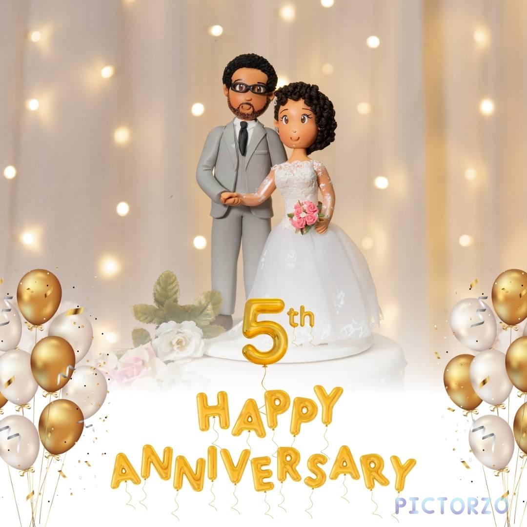 Happy 5th Anniversary Images 1 Text-based image celebrating a 5th anniversary. The text 5th HAPPY ANNIVERSARY is written in a large, bold font and decor some gold balloon.