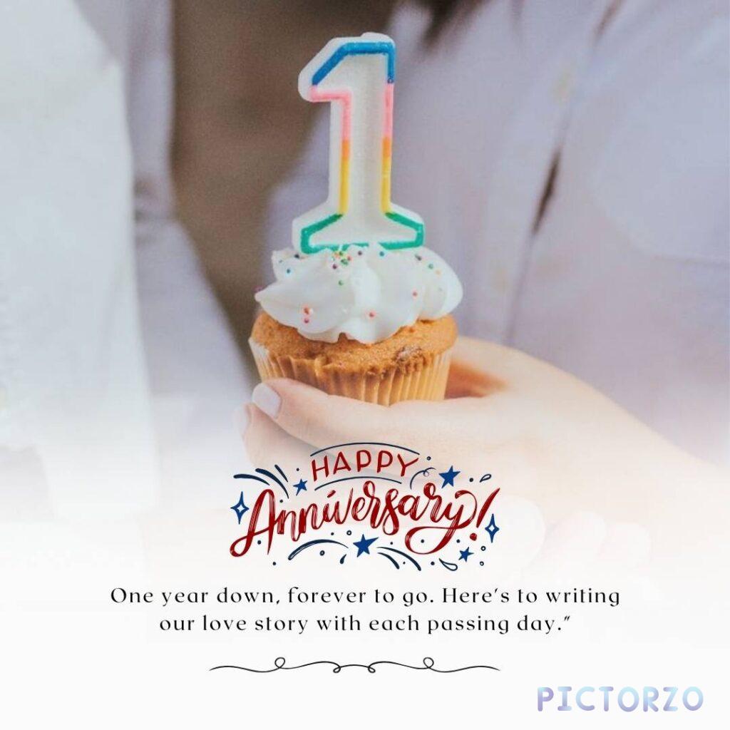 Text overlay on a cupcake with 1 candle background that reads HAPPY Anniversary! One year down, forever to go. Here's to writing our love story with each passing day.