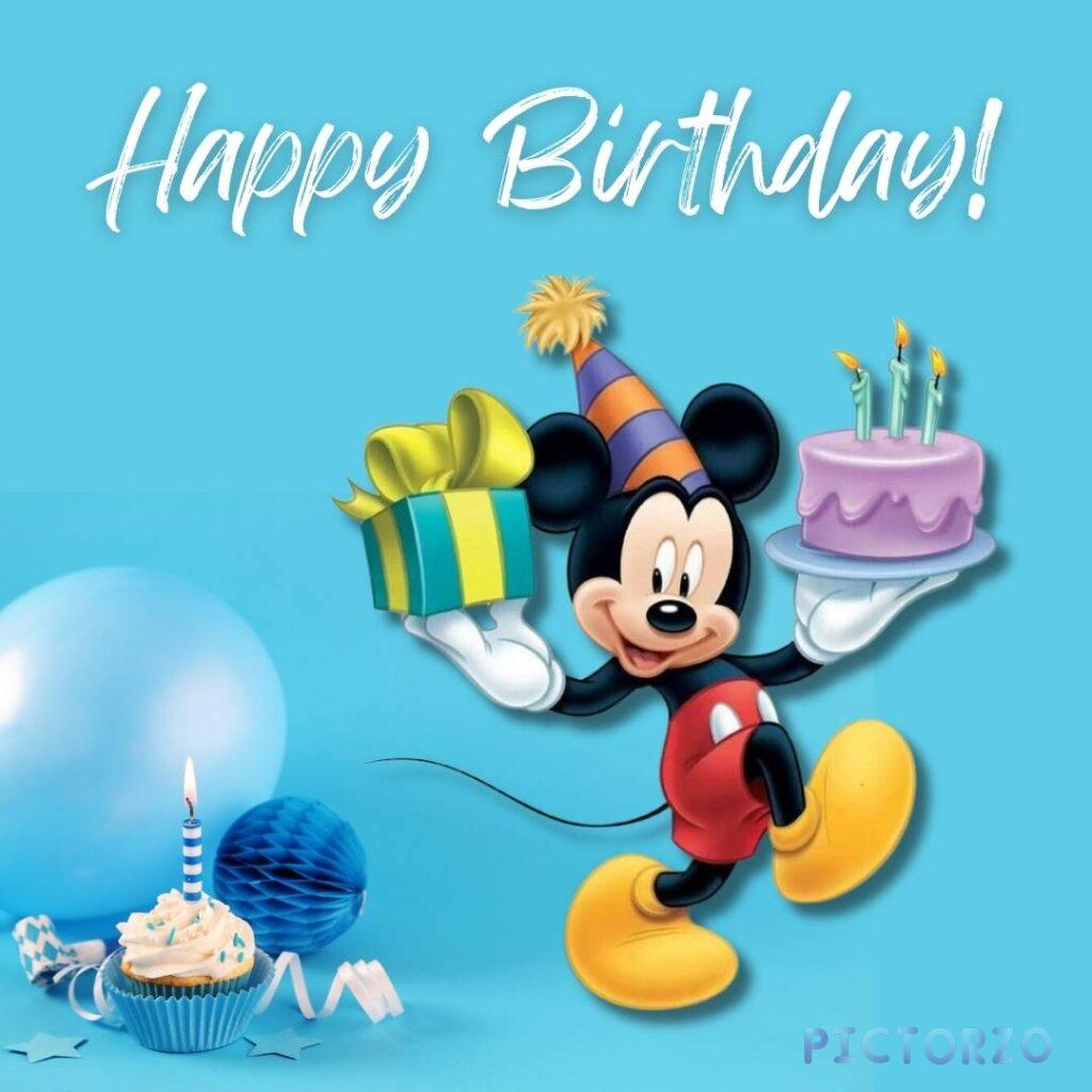 The beloved cartoon character Mickey Mouse beams with joy as he holds a delicious birthday cake adorned with colorful candles and presents wrapped in bright ribbons. A vibrant blue background