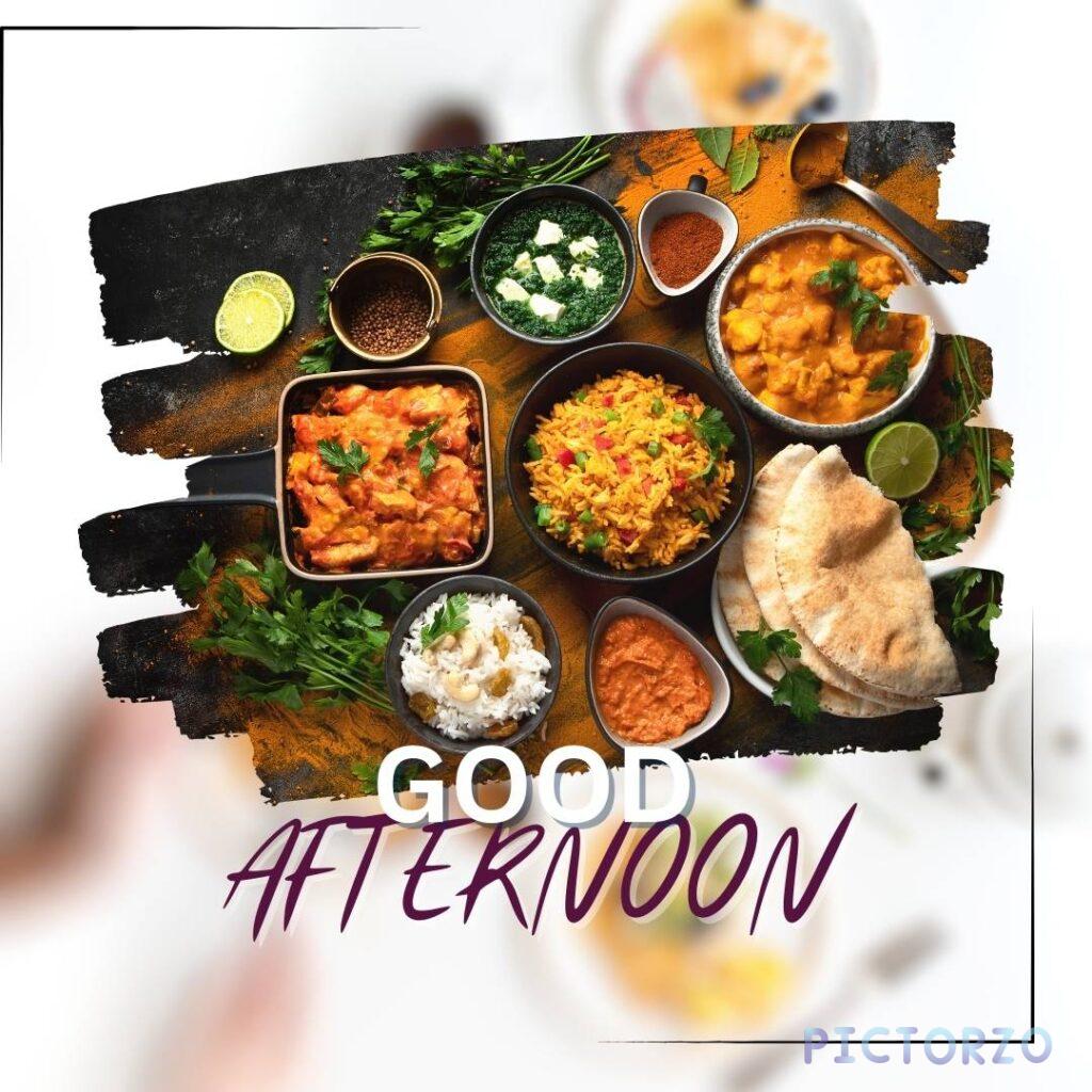 The plate of food is on a wooden table, and there is a fork and spoon next to the plate. The rice is white, and the chicken is grilled. The vegetables are broccoli, carrots, and zucchini. The text "Good Afternoon Lunch" is written in black on a white background.
