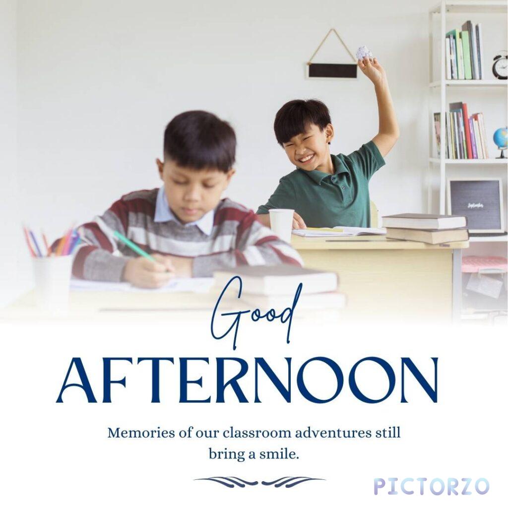 They are laughing and talking together. One friend is sitting on a desk, another is standing next to her, and two others are sitting on the floor. There is a whiteboard in the background with the words "Good Afternoon" written on it.