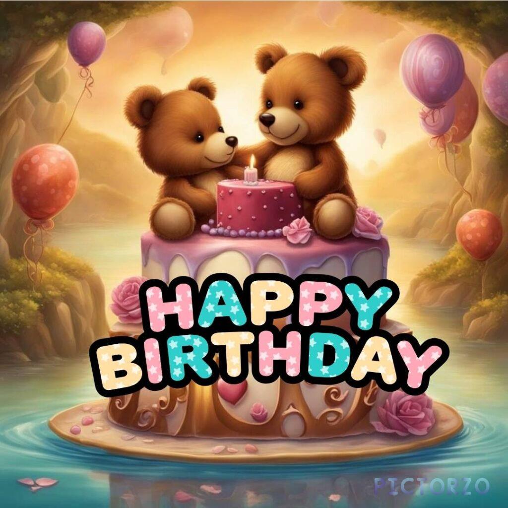 Two cuddly teddy bears, one brown and one cream, sit atop a two-tiered birthday cake decorated with pink frosting, sprinkles, and a single lit candle. A cluster of pink, blue, and yellow balloons floats behind them. The bears each wear party hats, and the cream bear holds a slice of cake.