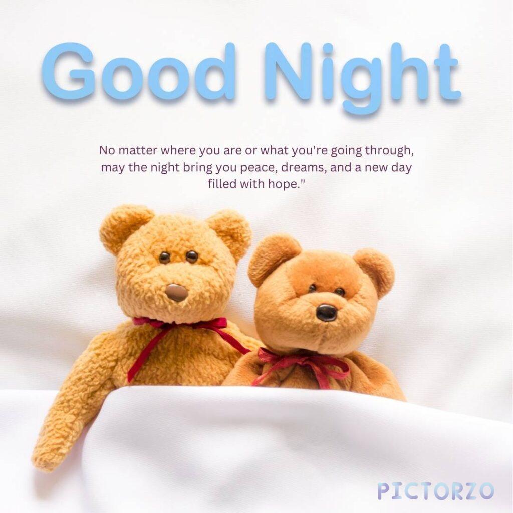 Two teddy bears sitting close together under a white blanket, with the words Good night. May your dreams be filled with love and happiness. written above them in a handwritten font