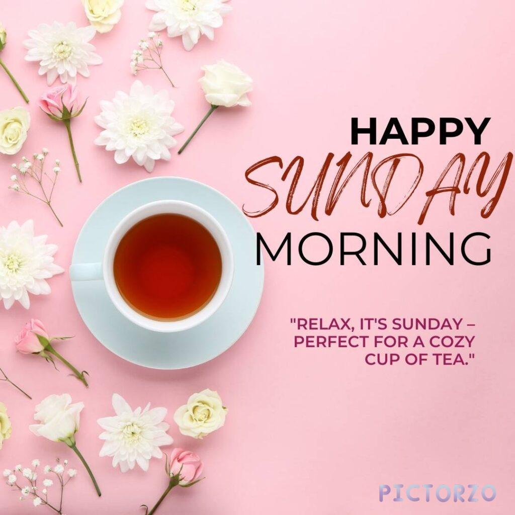 A cup of tea sits on a pink surface surrounded by white and pink flowers. The text "HAPPY SUNDAY MORNING" is written in bold, cursive script above the cup, and a quote about enjoying a cozy cup of tea on Sunday is written below.