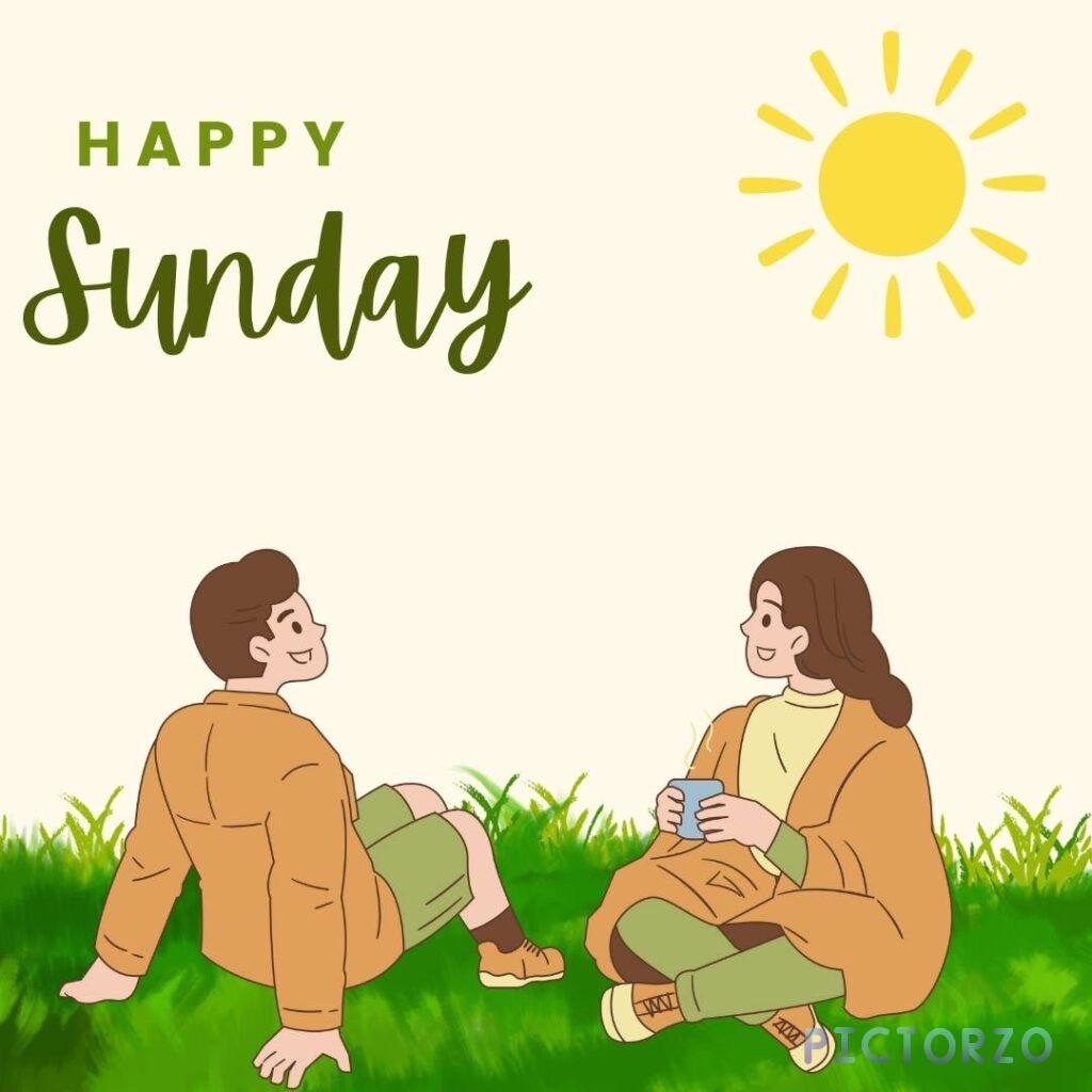 A vibrant image with a sun graphic and the text HAPPY SUNDAY in bold, uppercase letters a peach gradient background. The sun has a cheerful, cartoon-like style and rays extending outwards.