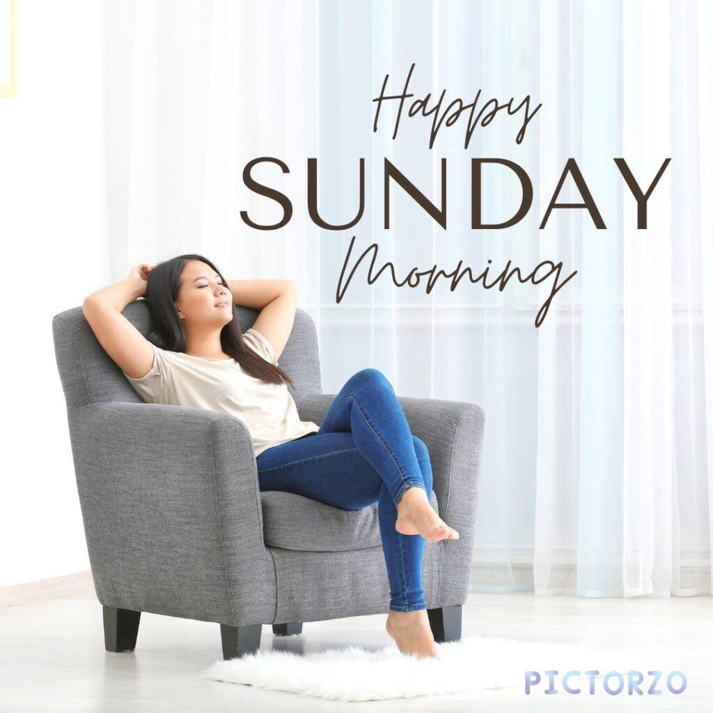 A white background with the text SUNDAY in bold, blue capital letters at the top. Below, the word Happy is written in a playful, orange script. The overall design is simple and modern.