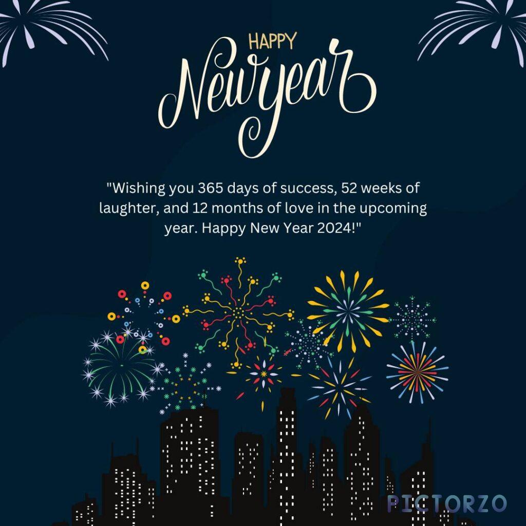 A festive greeting for the New Year, featuring a burst of colorful confetti and the text Wishing you 365 days of success, 52 weeks of laughter, and 12 months of love in the upcoming year. Happy New Year 2024!
