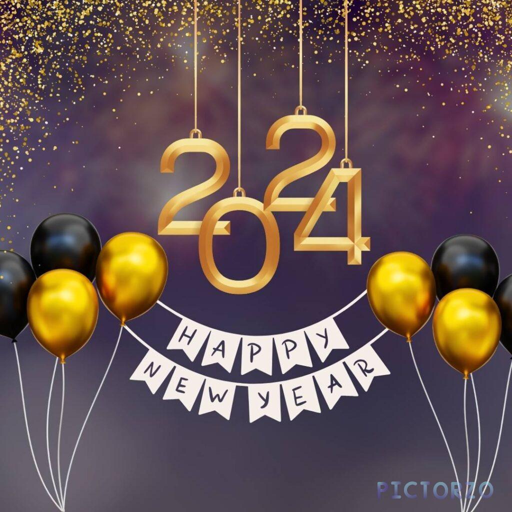 A photorealistic image with the text HAPPY NEW YEAR in gold letters, decorated with gold and black balloons