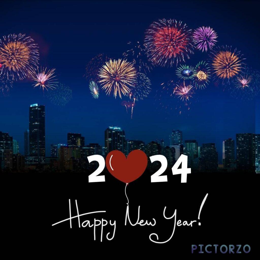 A photorealistic digital artwork of a festive firework exploding in a burst of colorful stars and glitter, with the text Happy New Year 2024 written in a flowing script font