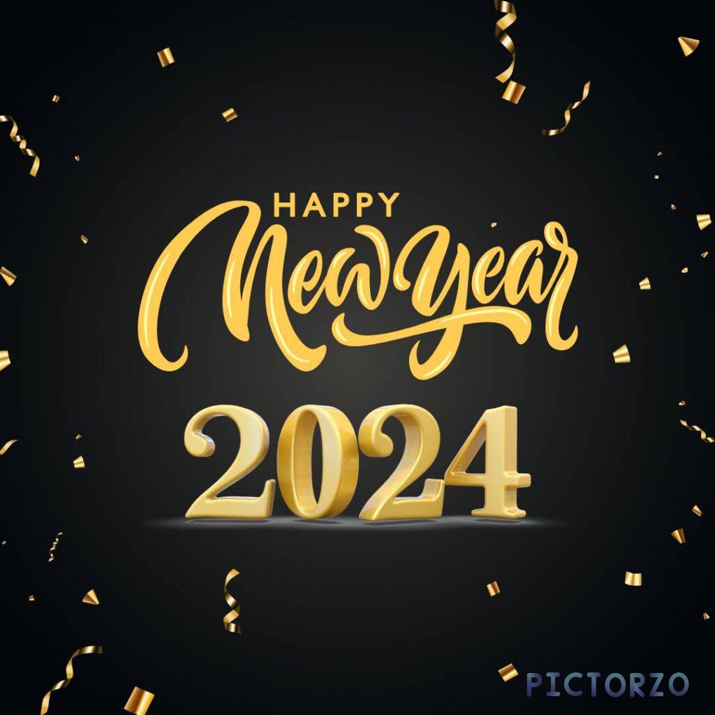 A photorealistic golden globe ornament suspended from a red ribbon, with the text Happy New Year 2024 written in gold glitter