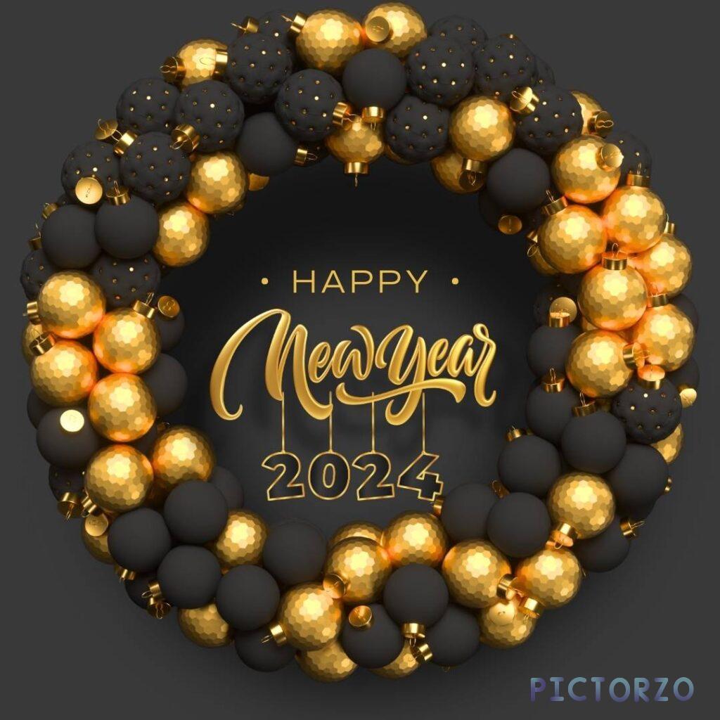 Image of a wreath made of gold and black balls with the text HAPPY NEW YEAR 2024 in the center