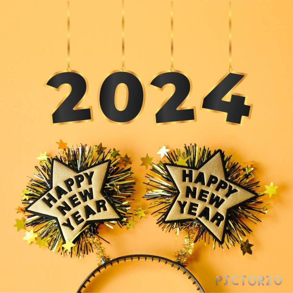 Two plush headbands adorned with the phrase "Happy New Year" in large, eye-catching gold glitter letters. The headbands are set against a backdrop of twinkling bokeh lights, creating a festive atmosphere