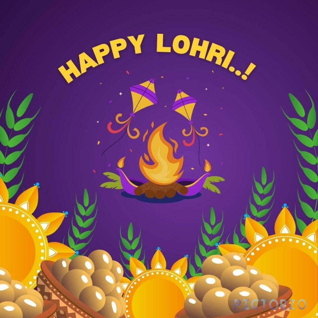 A photorealistic illustration of a Lohri bonfire with the text LOHRI..! HAPPY in Punjabi