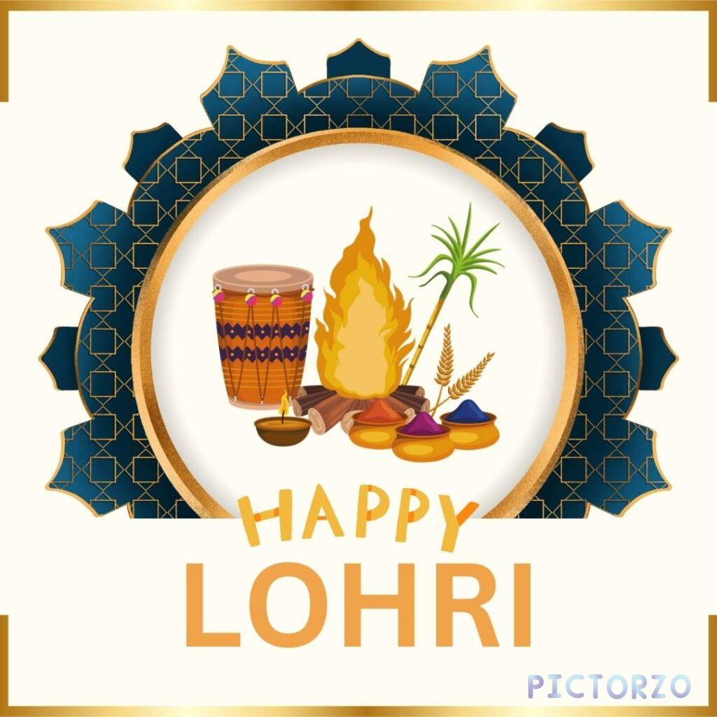A photorealistic illustration of a traditional Lohri bonfire, with flames glowing in the center and sugarcane stalks, peanuts, and rewari (a sweet made from sesame seeds and jaggery) scattered around the base. A dhol (a Punjabi drum) sits in the foreground, and the text "Happy Lohri" is written in a decorative Punjabi font above the scene.