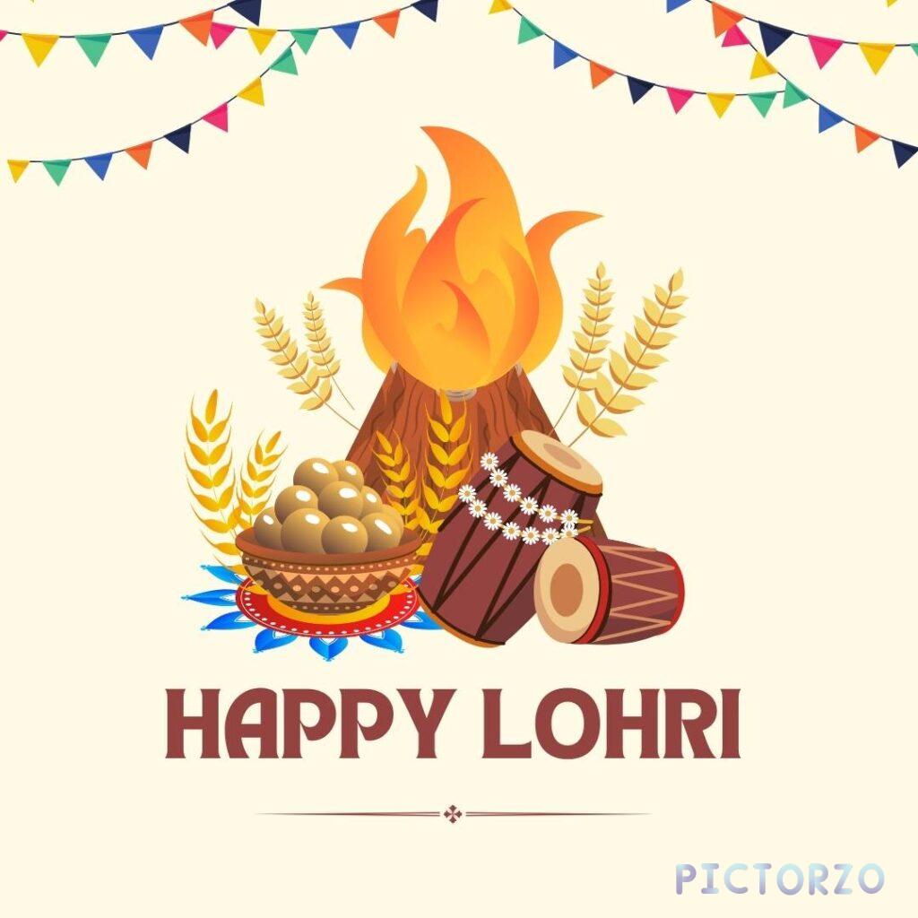 A traditional Lohri greeting card depicting a bonfire adorned with sugarcane stalks and vibrant hues. The text Happy Lohri is written in a flowing script, conveying the warmth and joy of the festival.