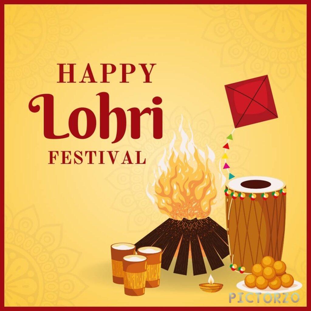 A vibrant illustration celebrating Lohri, the Punjabi harvest festival. A bonfire burns brightly with a dhol drum nearby. Traditional sweet treats, a diya (oil lamp), and a kite are featured, along with the text "Happy Lohri Festival.