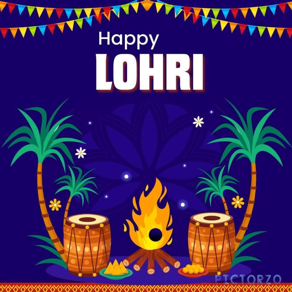 A vibrant illustration celebrating Lohri, the Punjabi harvest festival. Two dhol drums flank a bonfire, with palm trees and colorful bunting flags in the background. The text "Happy Lohri" is prominently displayed.