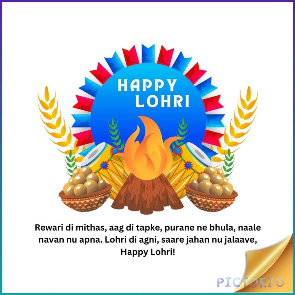 A close-up photo of a greeting card for Lohri, a Punjabi festival celebrating the harvest and the arrival of spring. The card features traditional Lohri symbols, including a bonfire, a dhol drum, and wheat stalks