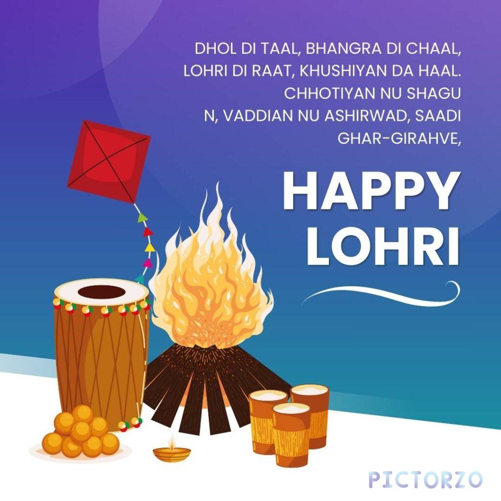 A vibrant poster celebrating Lohri, the Punjabi harvest festival. The poster features a colorful dhol drum, a bonfire blazing with flames, and a kite soaring high in the night sky. Text in Punjabi reads "Dhol Di Taal, Bhangra Di Chaal, Lohri Di Raat, Khushiyan Da Haal," which translates to "The beat of the dhol, the rhythm of Bhangra, Lohri night, a time of joy." Below the text, smaller Punjabi text conveys well wishes for a happy Lohri and blessings for elders and children.
