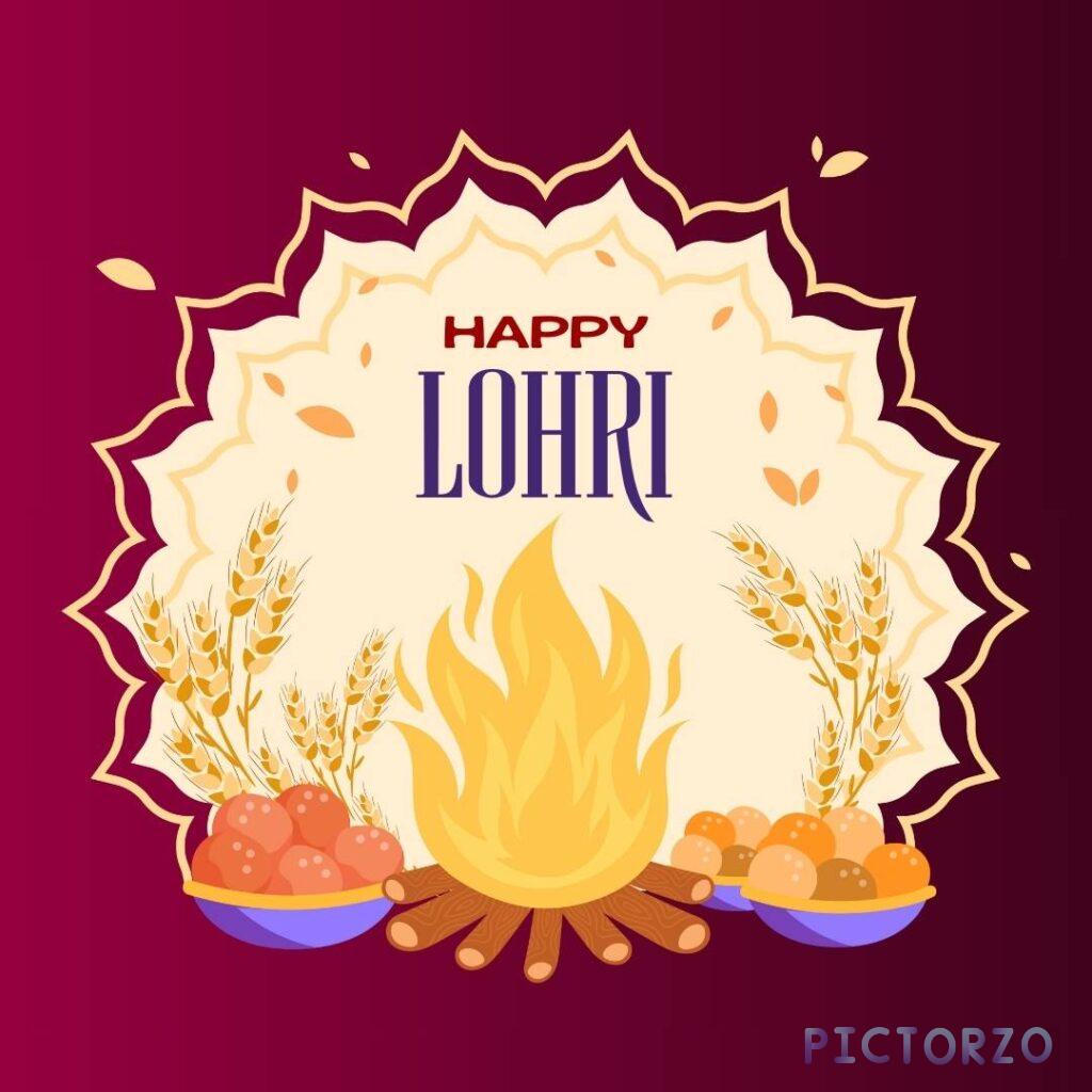 A photorealistic illustration of a Lohri festival banner. The banner features a vibrant orange background with a large yellow bonfire in the center. Above the bonfire is the text "HAPPY LOHRI" written in white Gurmukhi letters. Around the bonfire are sugarcane stalks, traditional Punjabi drums, and other Lohri symbols
