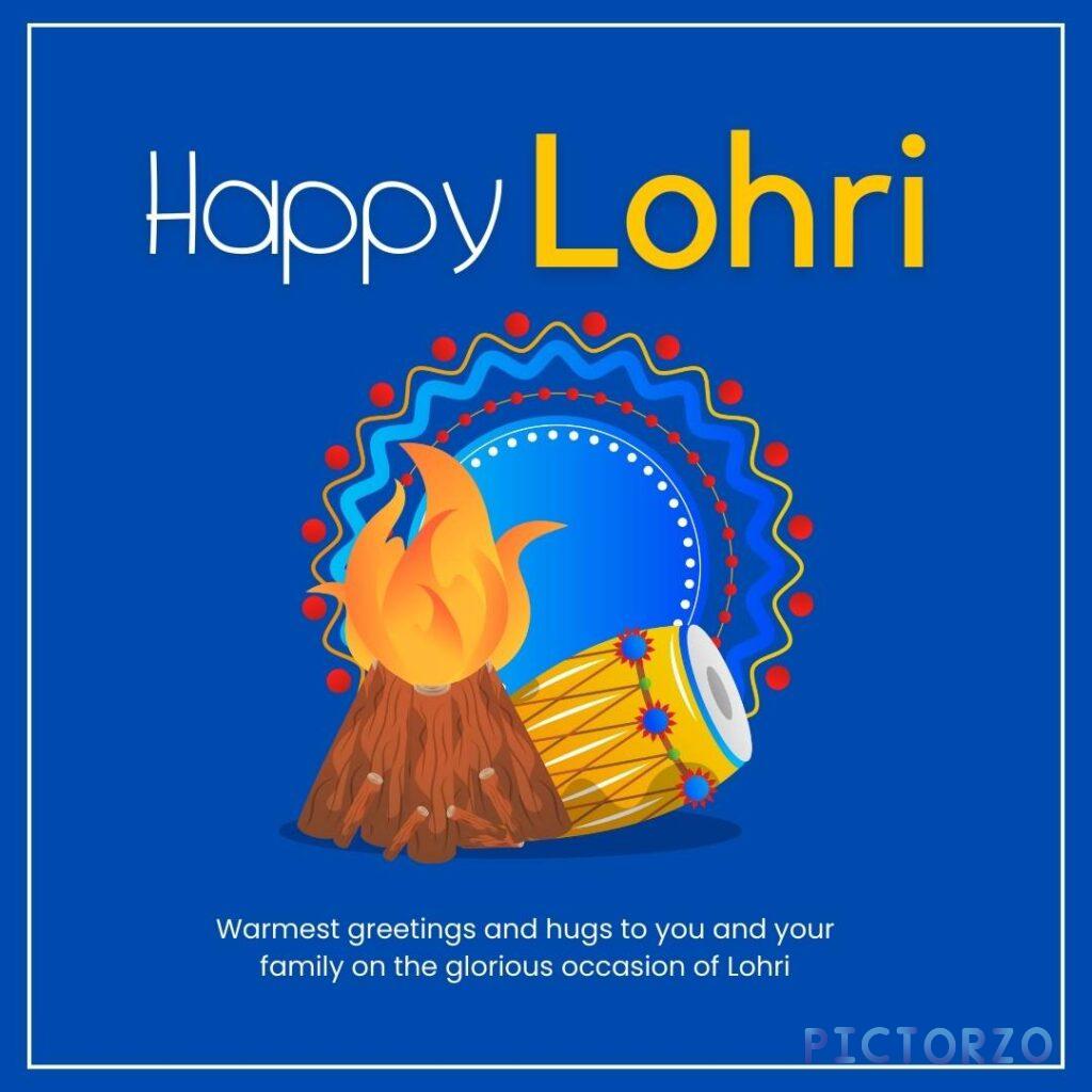 A photorealistic greeting card with a burning bonfire in the center and sugarcane stalks arranged around it. Text in the center of the card reads "Happy Lohri" in yellow lettering, with smaller text below that reads "Warmest greetings and hugs to you and your family on the glorious occasion of Lohri.