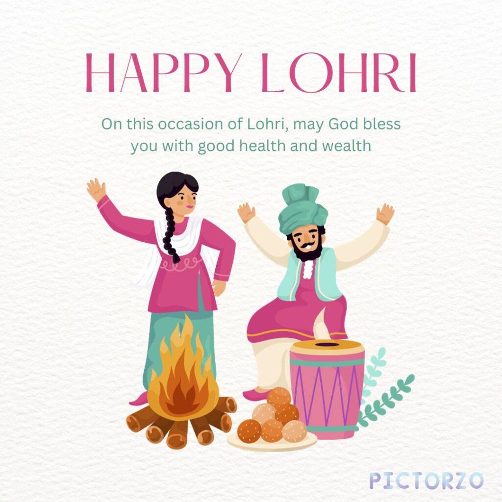 A traditional Lohri greeting card with a festive background in white. In the center of the card is a large earthen pot (dhol) decorated with colorful patterns and ribbons. A bonfire is lit inside the pot, symbolizing the burning of the old year's evils and the welcoming of the new year. Above the pot is the text "Happy Lohri" written in Punjabi. On either side of the pot are sugarcane stalks, another symbol of Lohri