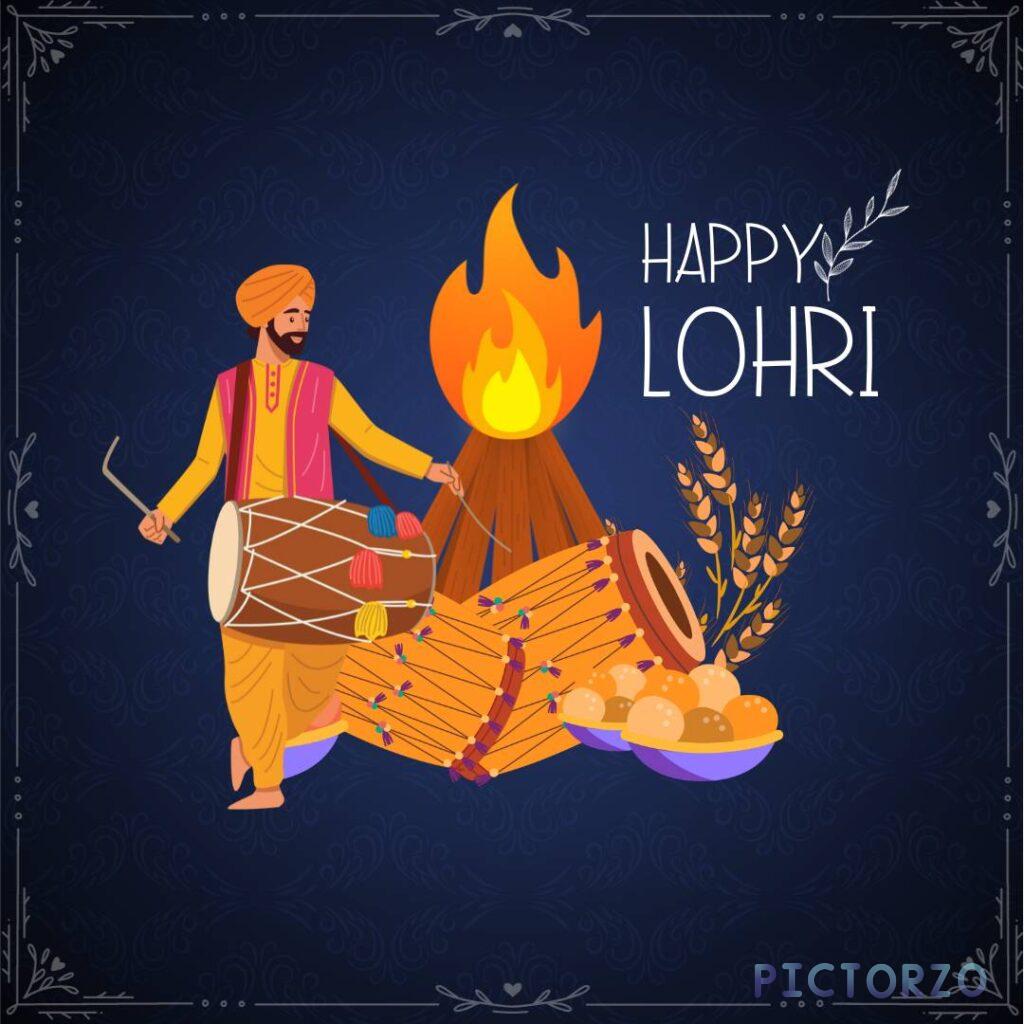 A photorealistic image depicting a vibrant Lohri celebration. In the foreground, a dhoti-clad man energetically beats a dhol drum under the warm glow of a crackling bonfire. The flames illuminate his face, casting flickering shadows on the surrounding sugarcane stalks. Behind him, a group of people, dressed in traditional Punjabi attire, dance and sing around the fire, their silhouettes swaying against the starlit sky. The joyous scene is further enhanced by the vibrant orange hues of the flames and the celebratory text "HAPPY LOHRI" in Gurmukhi script.