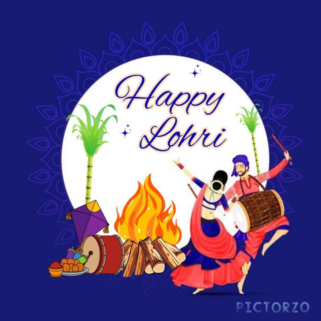 A Punjabi couple dressed in traditional clothing dances energetically in front of a large bonfire under a starry night sky. They are surrounded by revelers who are also celebrating Lohri, a Punjabi festival that marks the end of winter. The text Happy Lohri is written in Gurmukhi script above the scene