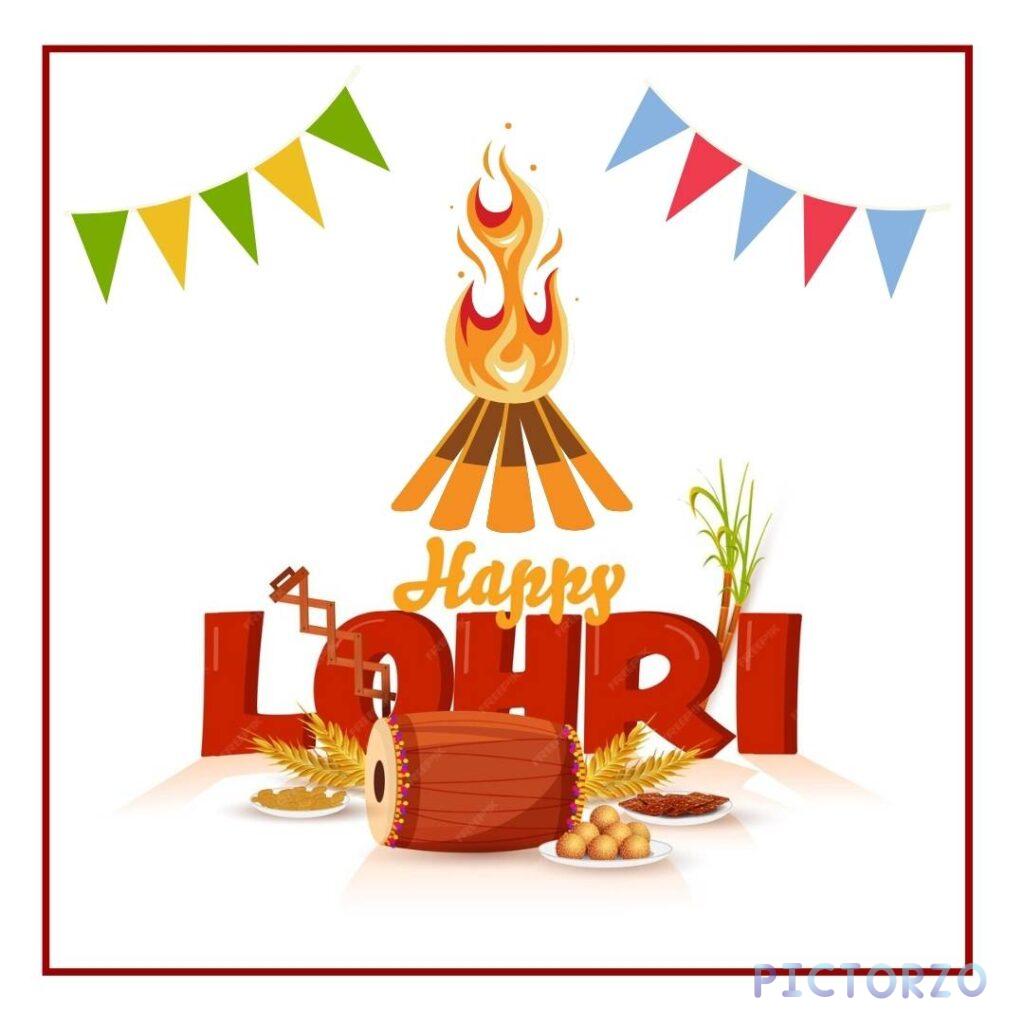 A festive banner for the Punjabi harvest festival Lohri, featuring traditional Lohri items such as sugarcane, peanuts, rewari (a sweet made from sesame seeds and jaggery), and a dhol (a Punjabi drum). The text "Happy Lohri" is written in a decorative Punjabi font.