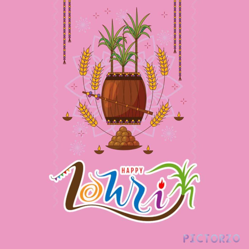 A vibrantly colored illustration of a traditional dhol drum, sugarcane stalks, and sheaves of wheat arranged artistically against a pink background. The text Happy Lohri is written in a stylized Punjabi font above