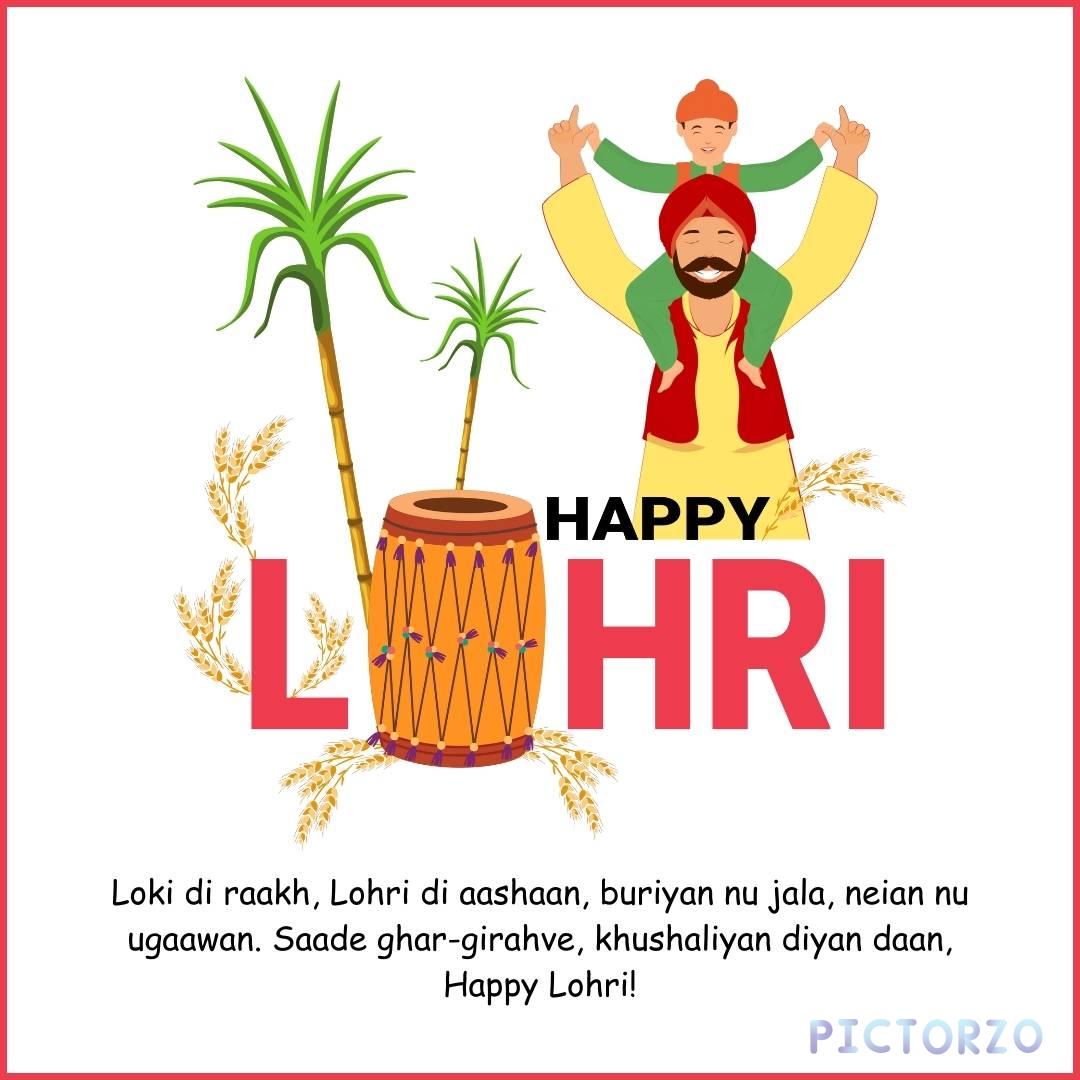 Happy Lohri Punjabi Images 1 A photorealistic image of a Punjabi family celebrating Lohri. A young boy wearing a kurta and pajama rides on his father's shoulders as they walk towards a bonfire. The father is dressed in a dhoti and kurta and carries a chimta in his hand. The mother follows behind them, carrying a plate of sweets