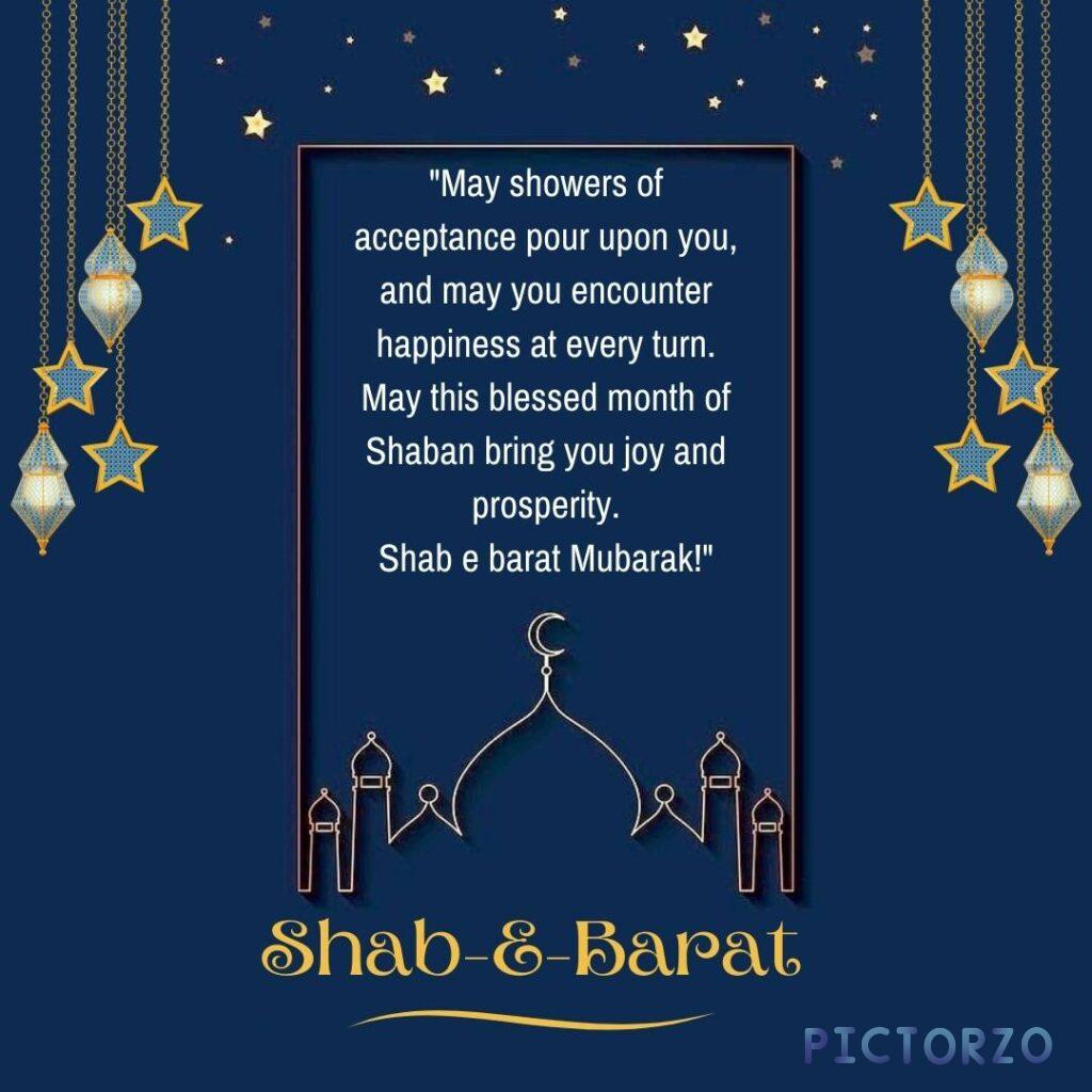 A Shab-e-Barat Mubarak greeting card featuring a detailed illustration of a mosque bathed in moonlight, with the message May this blessed month bring you showers of acceptance, happiness, and prosperity.