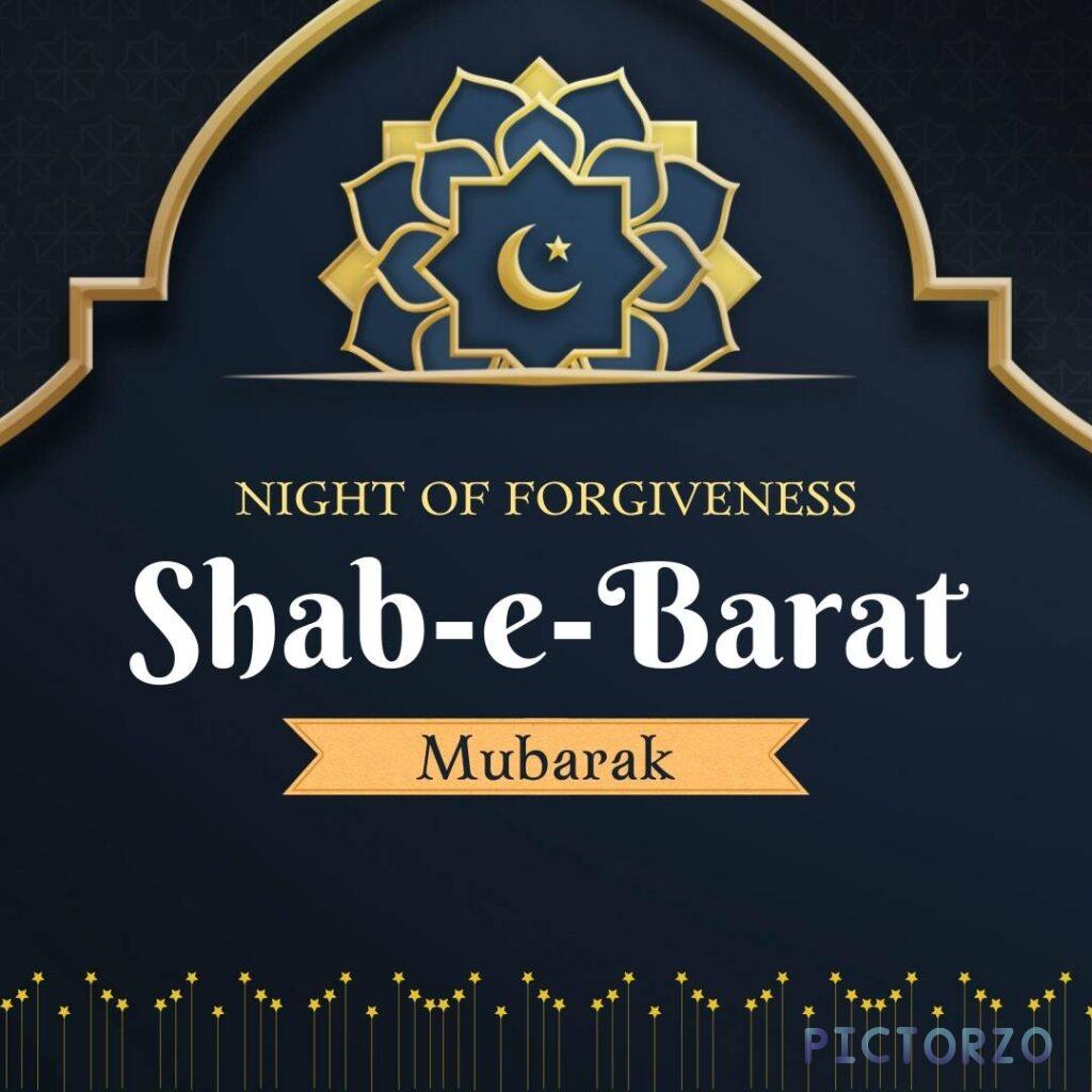 A black background illuminated by a crescent moon and star design, intricately adorned with Islamic geometric patterns. The inscription "Shab-e-Barat Mubarak" commemorates the Islamic holy night of forgiveness and blessings.