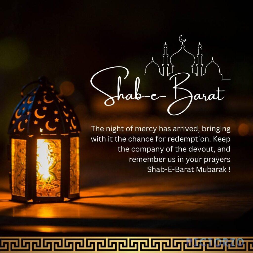A close-up photo of a brightly lit lantern with intricate designs and the words Shab-e-Barat Mubarak written in Arabic calligraphy. The lantern is surrounded by colorful bokeh lights.