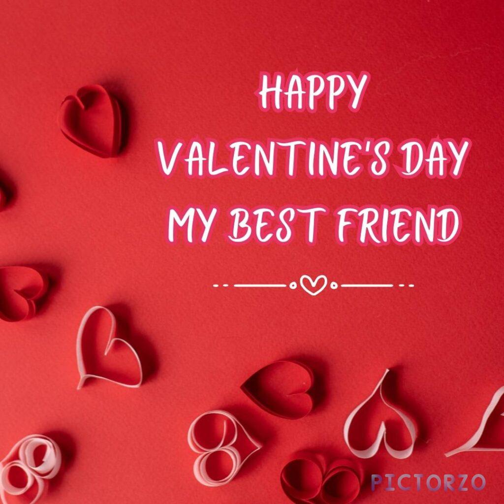 A digital illustration of a pink and red card with a heart-shaped cut-out in the center. Inside the heart-shaped cut-out are two people embracing, one with short, dark hair and the other with long, light hair. The text on the front of the card reads "Happy Valentine's Day My Best Friend!