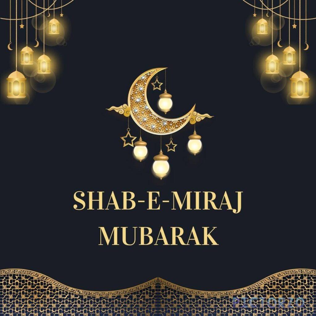 A greeting card with a crescent moon and colorful lanterns against a black background. The text Shab-e-Miraj Mubarak is written in white Arabic calligraphy at the top of the card