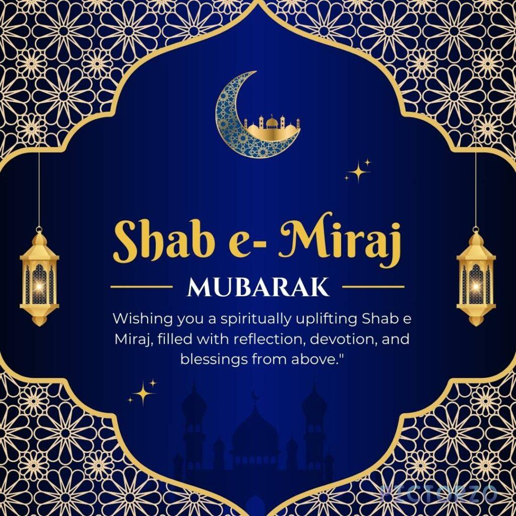 A image decorated with colorful lights and minarets reaching towards a crescent moon and starlit sky. Text in the image reads "Shab e Miraj Mubarak" and "Wishing you a spiritually uplifting Shab e Miraj, filled with reflection, devotion, and blessings from above.