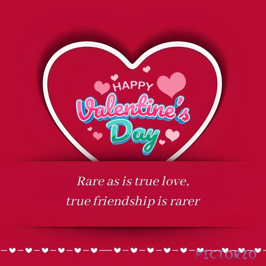 A red and pink graphic with the text "Happy Valentine's Day" written in white, loopy script. Below the text are red hearts decorated with glitter and small, white dots, one slightly overlapping the other.