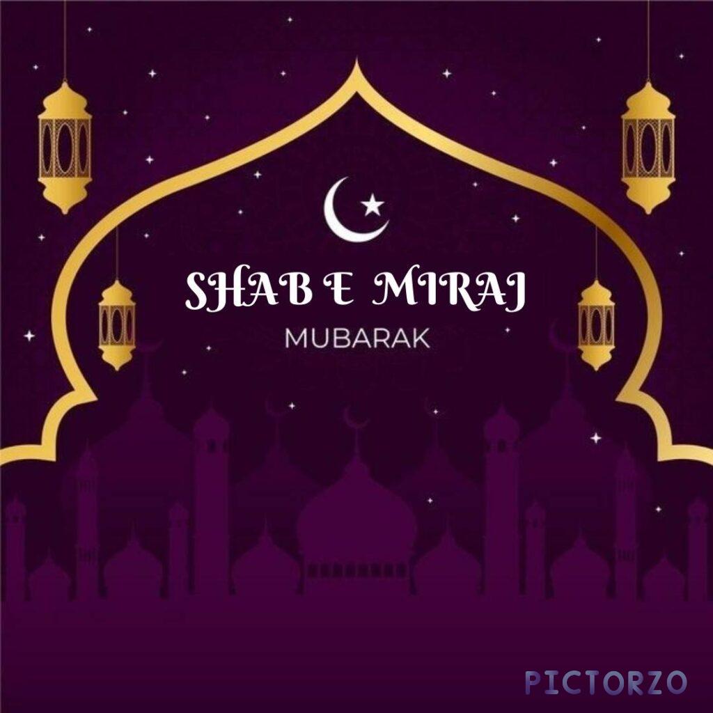 A silhouette of a mosque with a purple gradient background. The text Shab E Miraj Mubarak is written above the mosque in a decorative Arabic font.