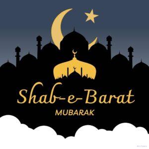 Night sky with a crescent moon and star, inscribed with Shab-e-Barat Mubarak, alongside the message Seek forgiveness and blessings tonight