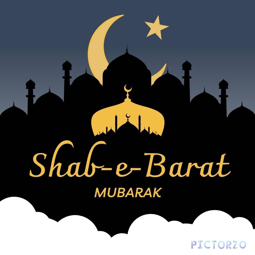 Night sky with a crescent moon and star, inscribed with Shab-e-Barat Mubarak, alongside the message Seek forgiveness and blessings tonight