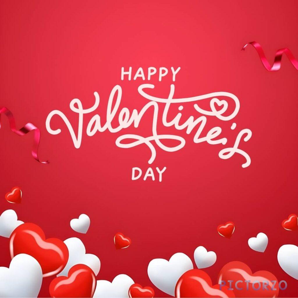 Red hearts decorated with glitter and small, white dots, touching at the top. The text Happy Valentine's Day is written in white, script font above the hearts.