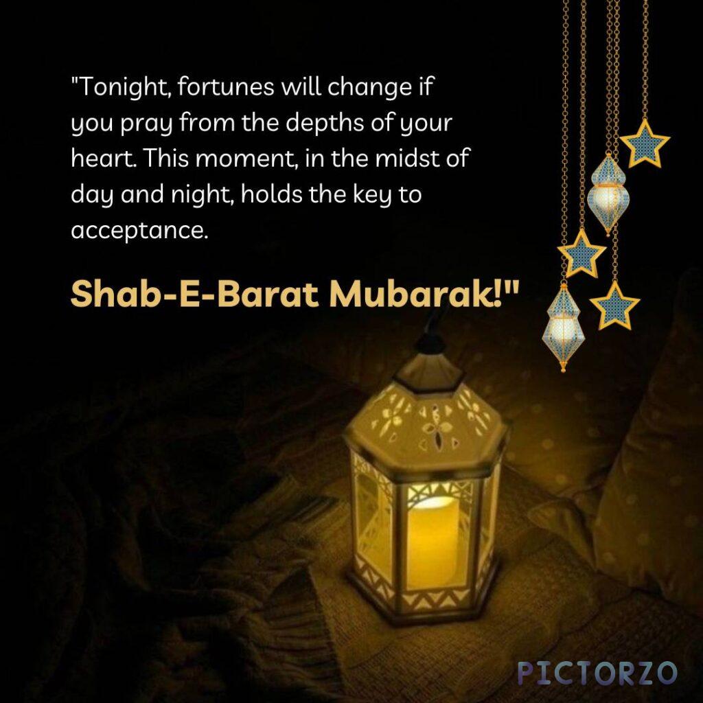 Image of a lantern casting a warm glow, decorated with Islamic geometric patterns and the words Shab-e-Barat Mubarak written in Arabic calligraphy. The text superimposed on the image reads Tonight, fortunes will change if you pray from the depths of your heart. This moment, in the midst of day and night, holds the key to acceptance. 
