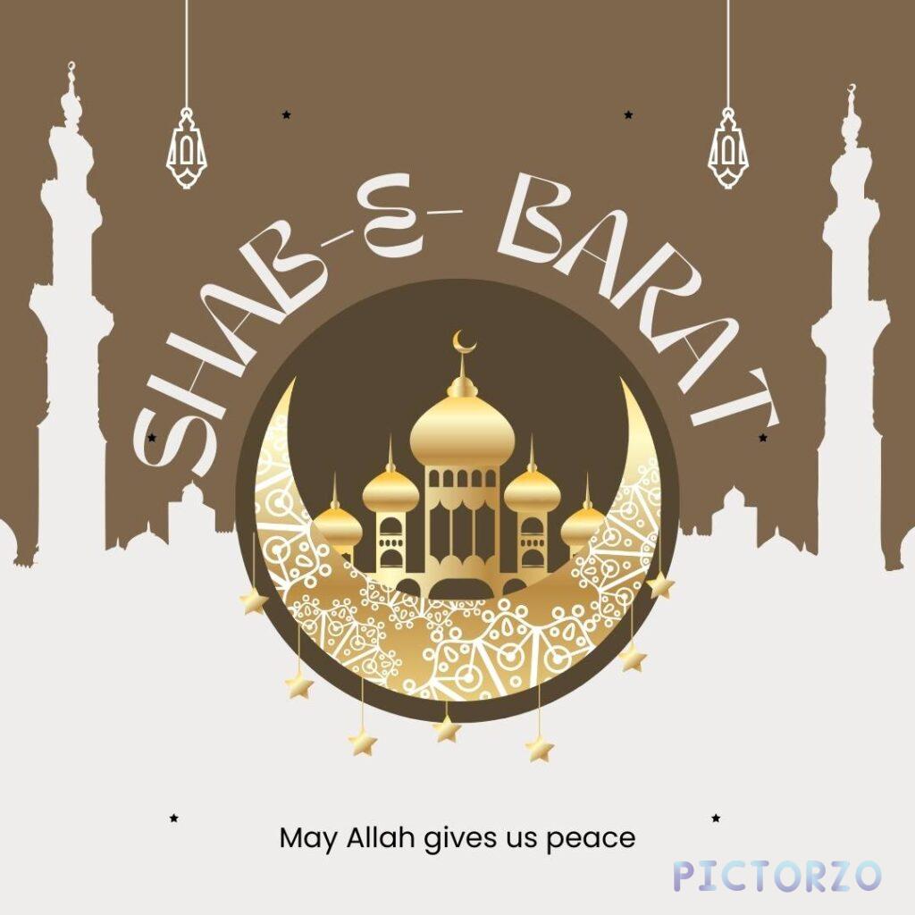 A detailed illustration of a mosque bathed in warm light, its silhouette contrasting against a night sky with a crescent moon and stars. The text "Shab-e-Barat Mubarak" is written in white Arabic calligraphy above the mosque, commemorating the Islamic holy night of forgiveness and blessings.
