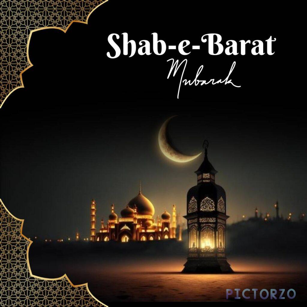 A photorealistic image of a mosque at night, illuminated from the inside by warm light. A lantern hangs in front of the mosque, casting a soft glow on the ground. The sky is dark blue, and a crescent moon and stars are visible. Text at the top of the image reads "Shab-e-Barat Mubarak" in white Arabic script