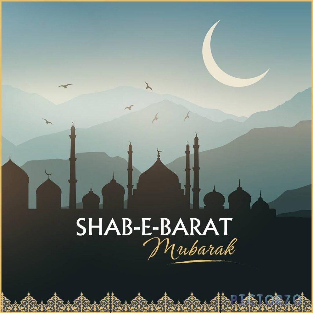Silhouette of a mosque with a crescent moon and stars in the night sky, illuminated by warm light from inside. The text Shab-e-Barat Mubarak is written in white Arabic calligraphy above the mosque