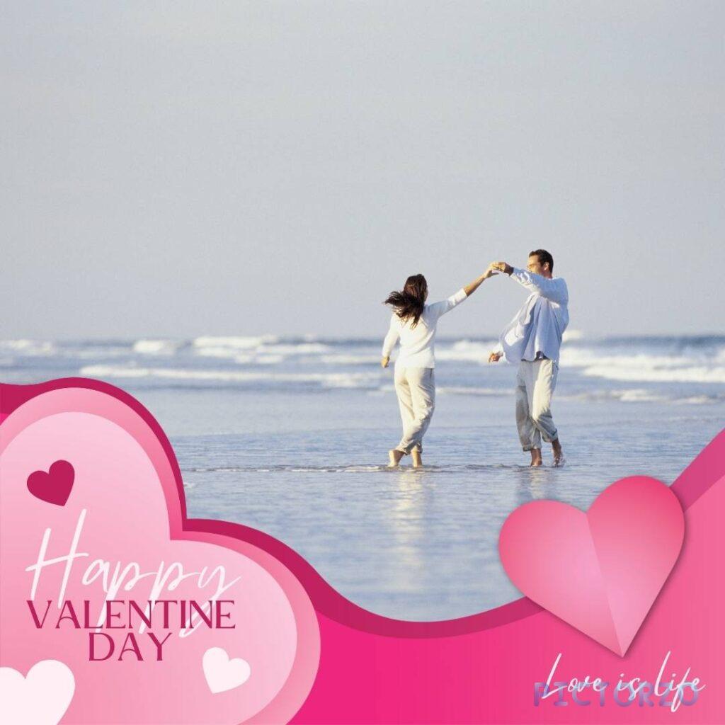 picture a Couple dance on the beach and write a text in pink later happy valentines day