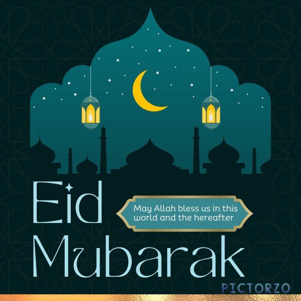 Eid ul-Fitr Images 7 A mosque with a crescent moon and star hanging above it. The mosque is illuminated and casting a warm glow. The text Eid Mubarak is written in large lettering above the mosque and there is smaller