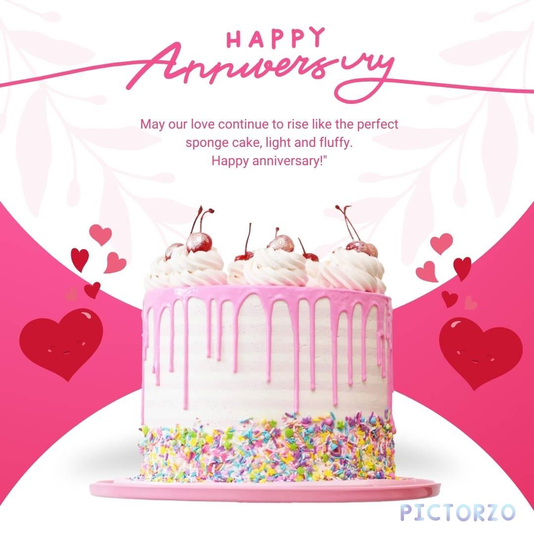 Happy Anniversary Cake Images 1 A pink frosted cake, likely red velvet cake, with a single cherry on top. The cake is displayed on a plate & has the message Happy Anniversary written in white frosting above a decorative swirl design